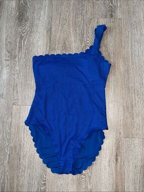 aerie Scalloped One-Piece Swimsuit textured  navy blue one shoulder vacation
